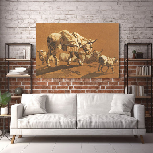 Old Cow Canvas Art – angled canvas view on white background