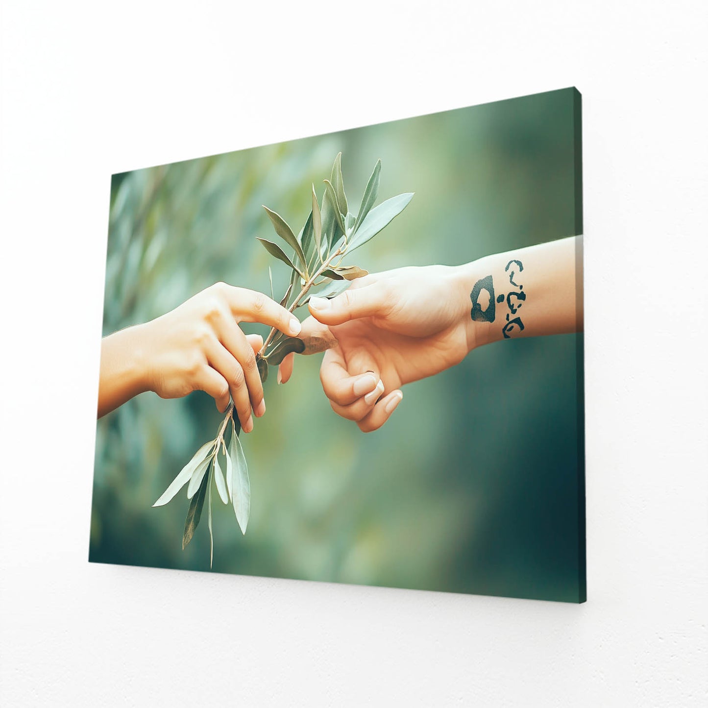 Olive Branch Handoff Peace Canvas Art – angled canvas view on white background