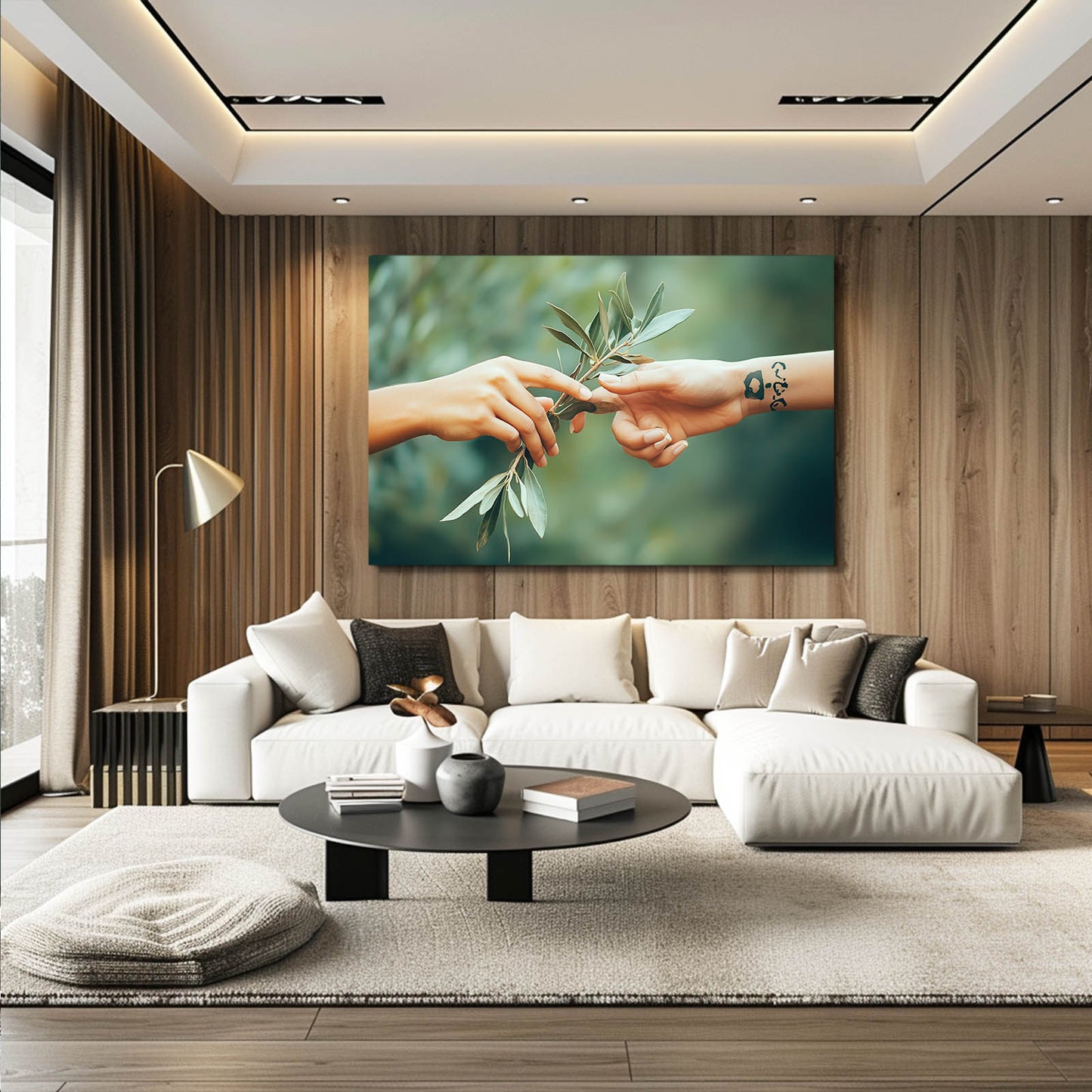 Olive Branch Handoff Peace Canvas Art – styled in a furnished interior
