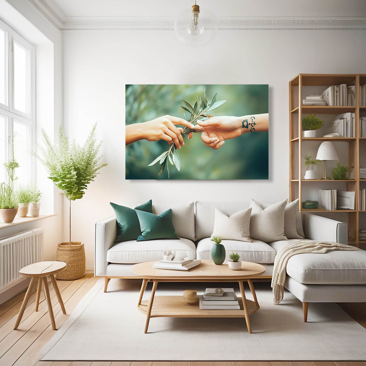 Olive Branch Handoff Peace Canvas Art – styled in a furnished interior