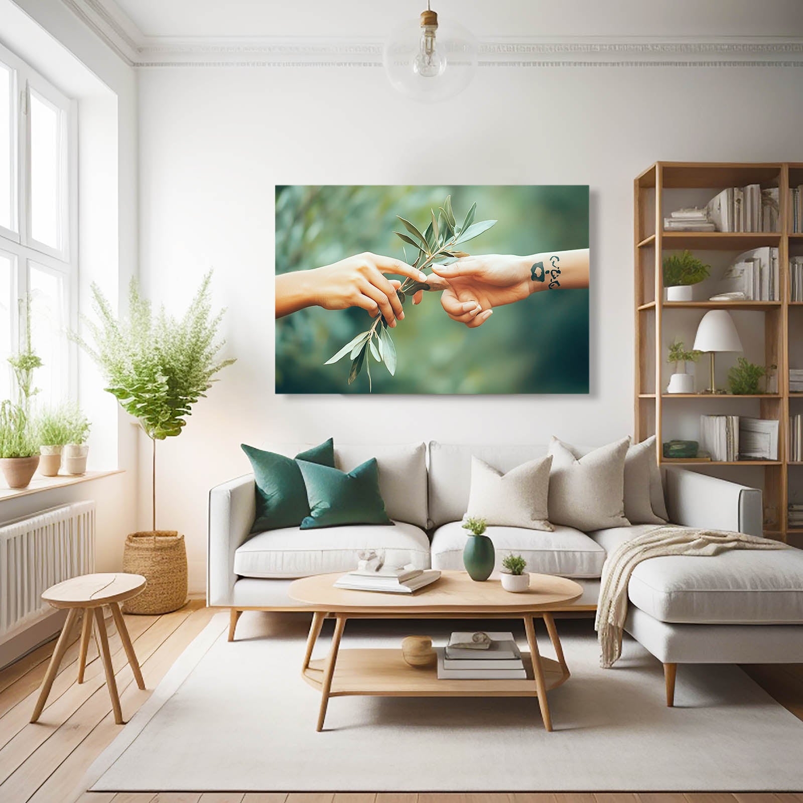 Olive Branch Handoff Peace Canvas Art – styled in a furnished interior
