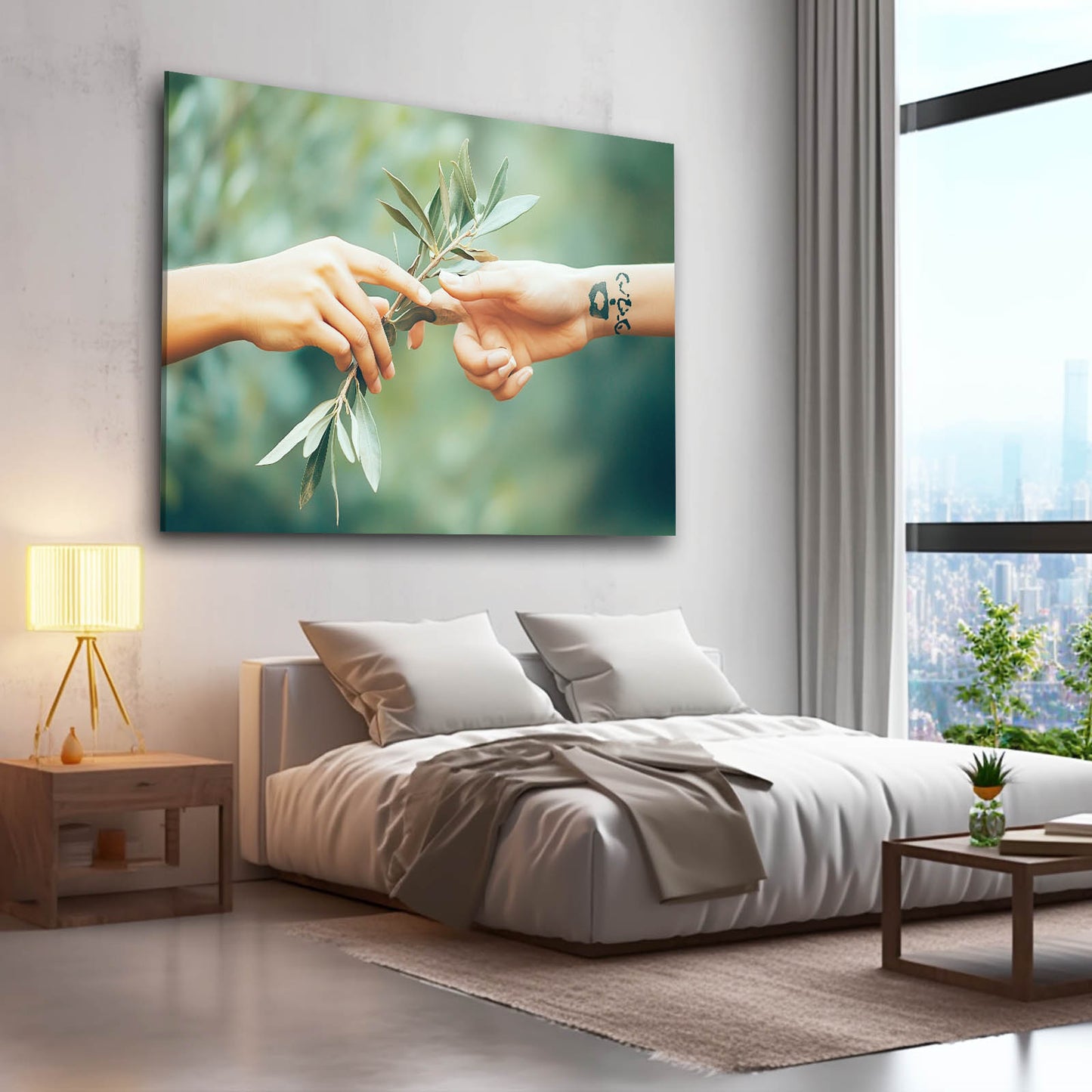 Olive Branch Handoff Peace Canvas Art – styled in a furnished interior
