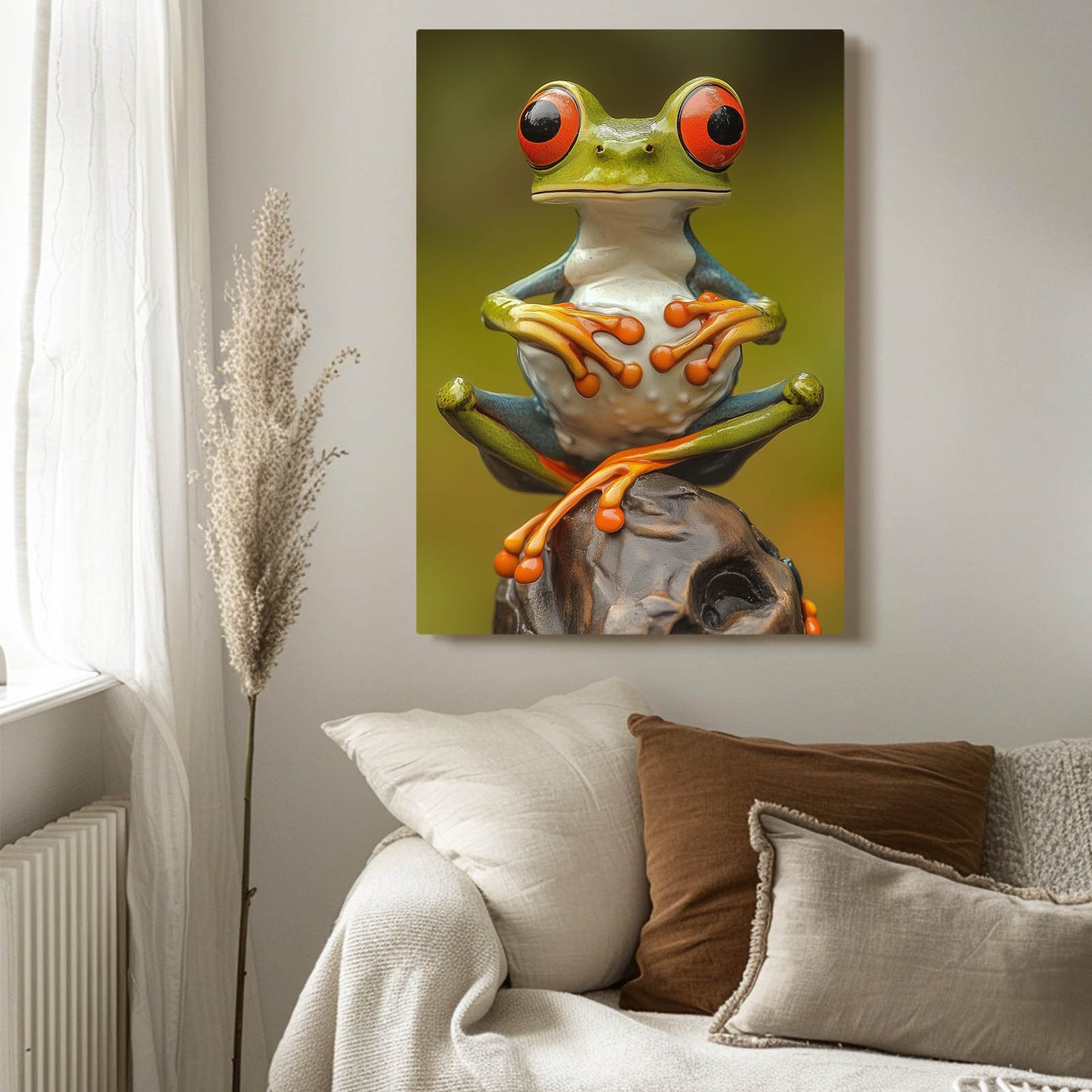 Olive Rock Perch Frog Canvas Art – styled in a furnished interior