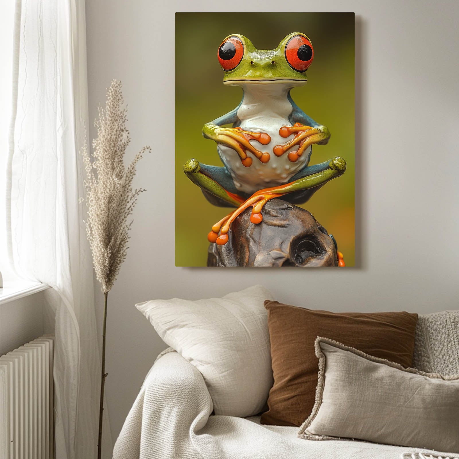 Olive Rock Perch Frog Canvas Art – styled in a furnished interior