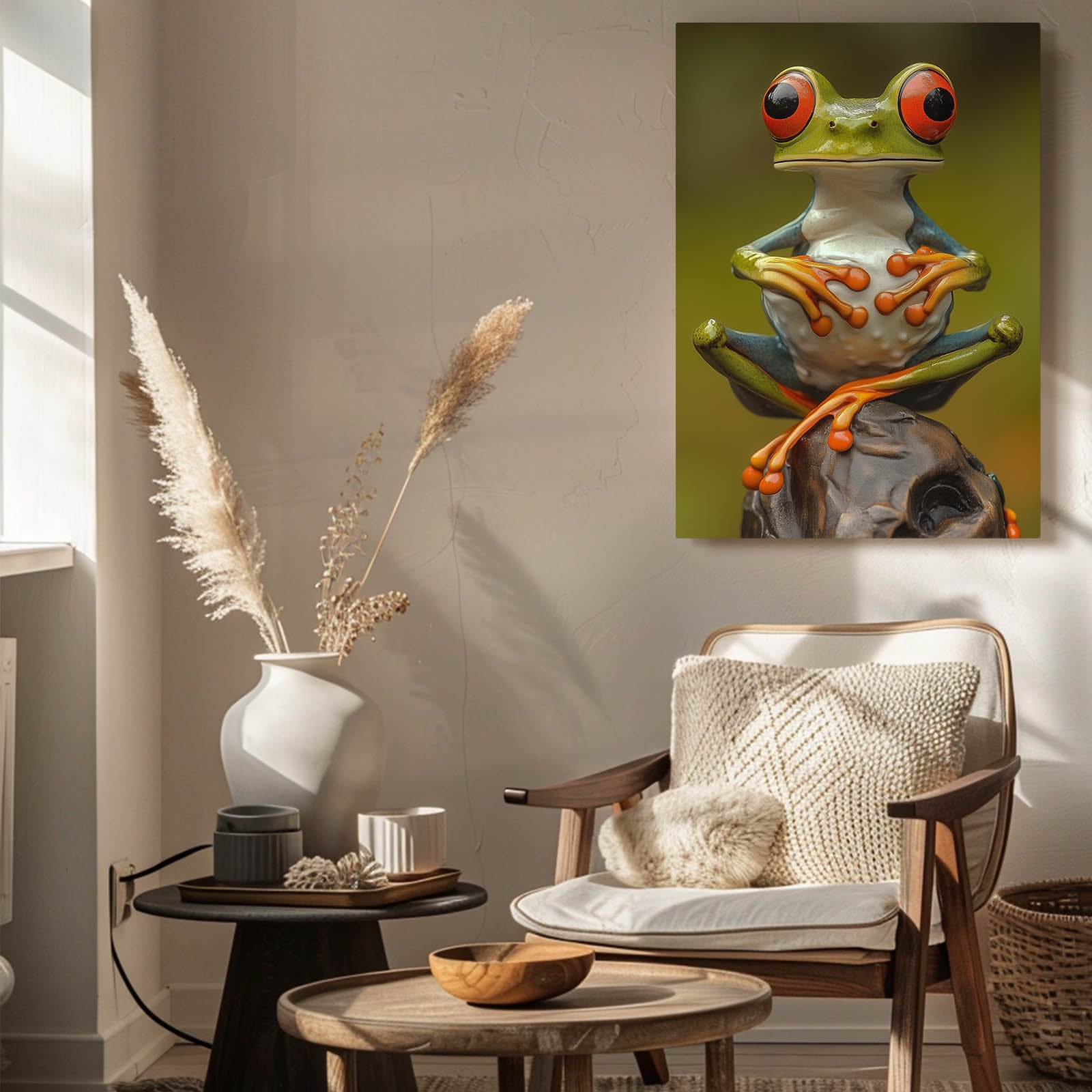 Olive Rock Perch Frog Canvas Art – styled in a furnished interior