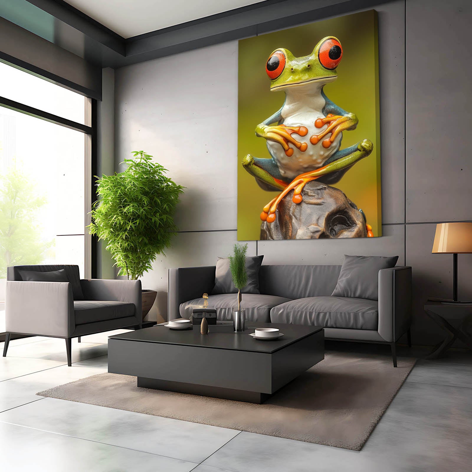 Olive Rock Perch Frog Canvas Art – styled in a furnished interior