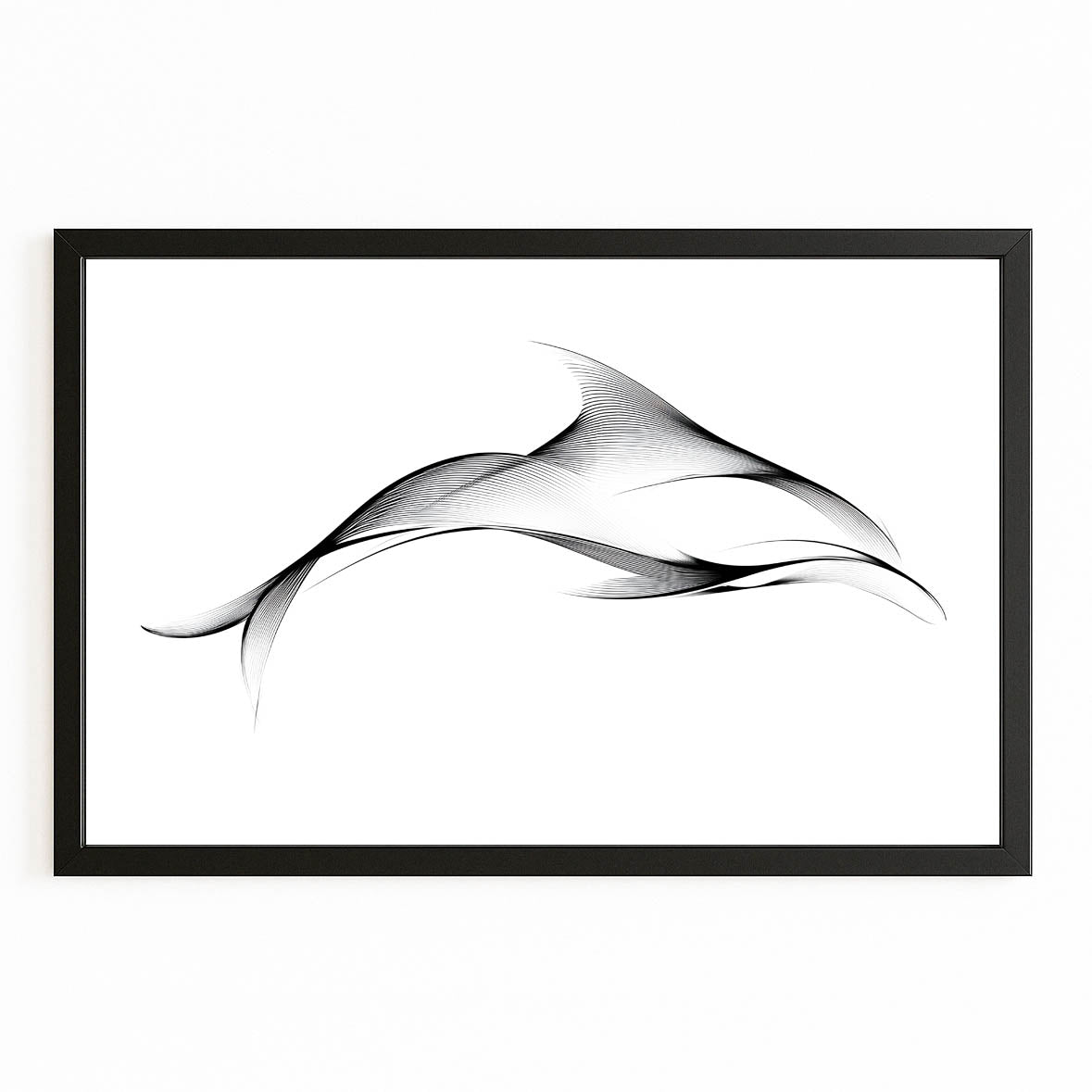 One Line Dolphin Wall Art – with Premium Black wood frame on white background