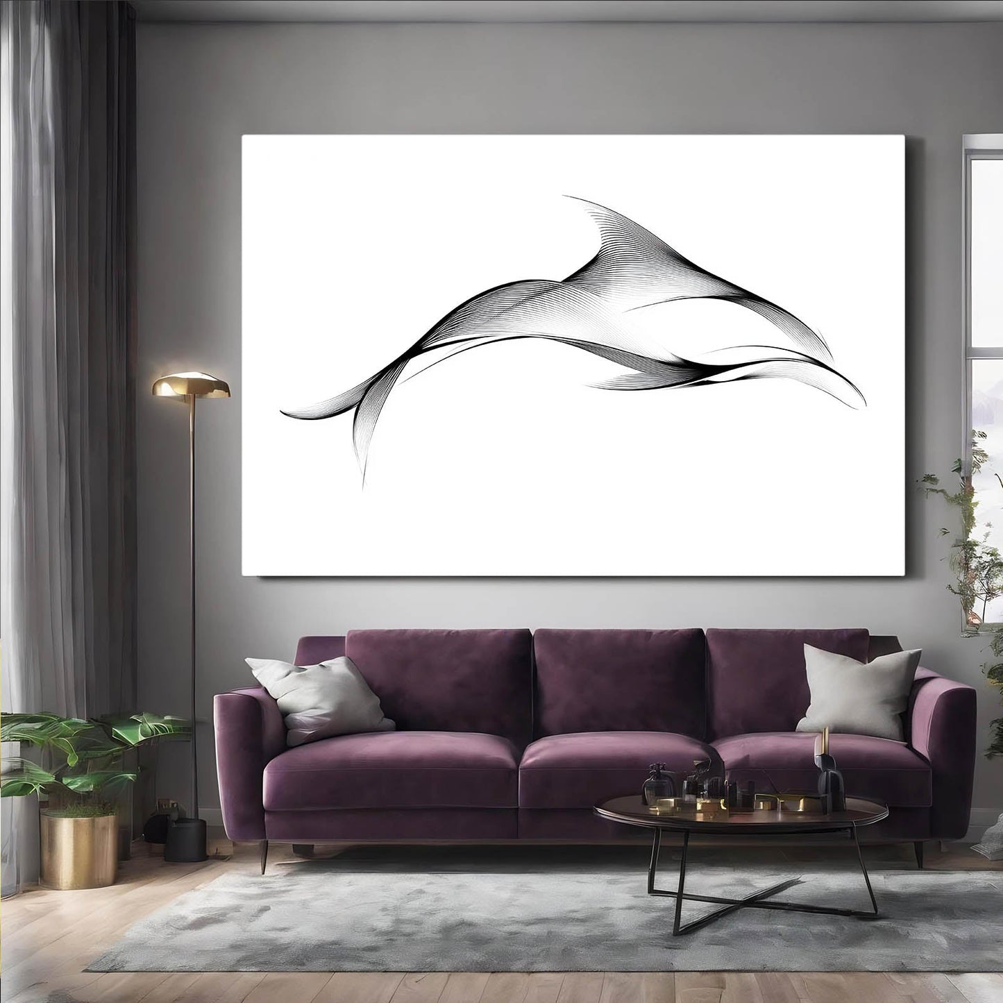 One Line Dolphin Wall Art – styled in a furnished interior