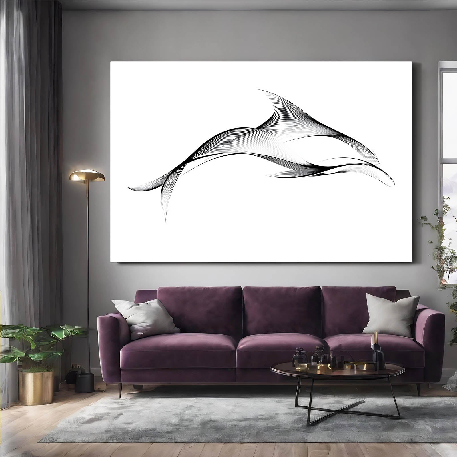 One Line Dolphin Wall Art – styled in a furnished interior
