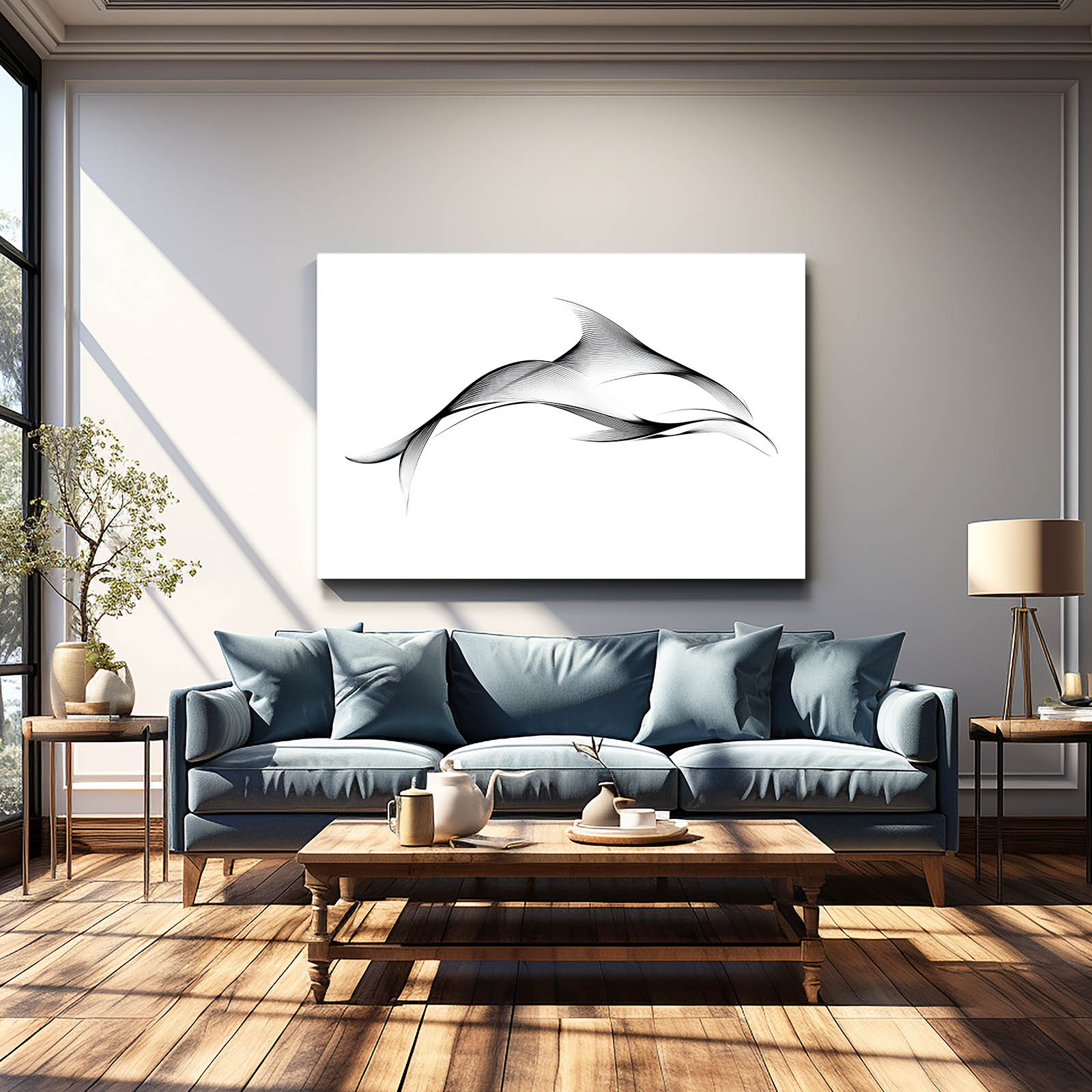One Line Dolphin Wall Art – styled in a furnished interior
