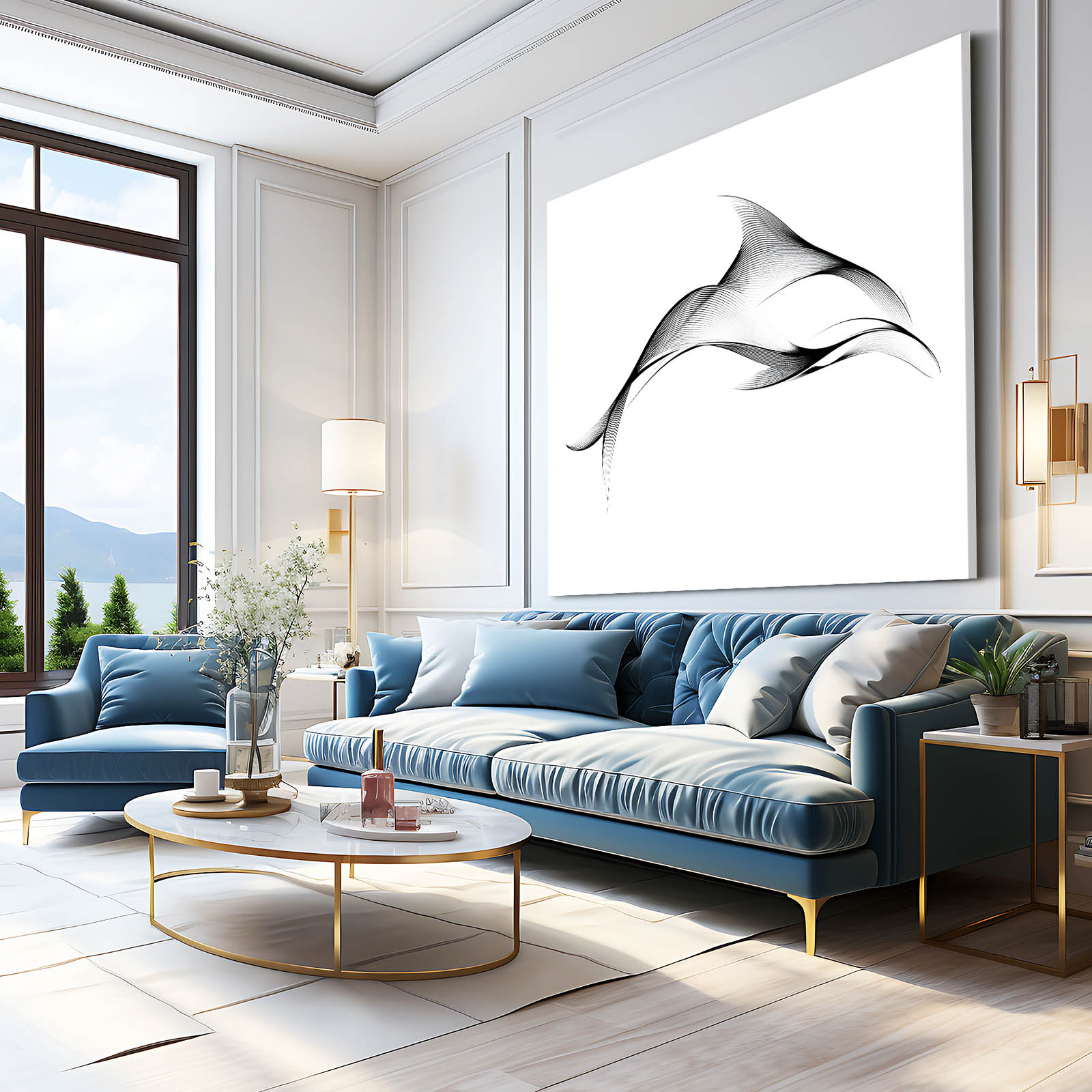 One Line Dolphin Wall Art – styled in a furnished interior