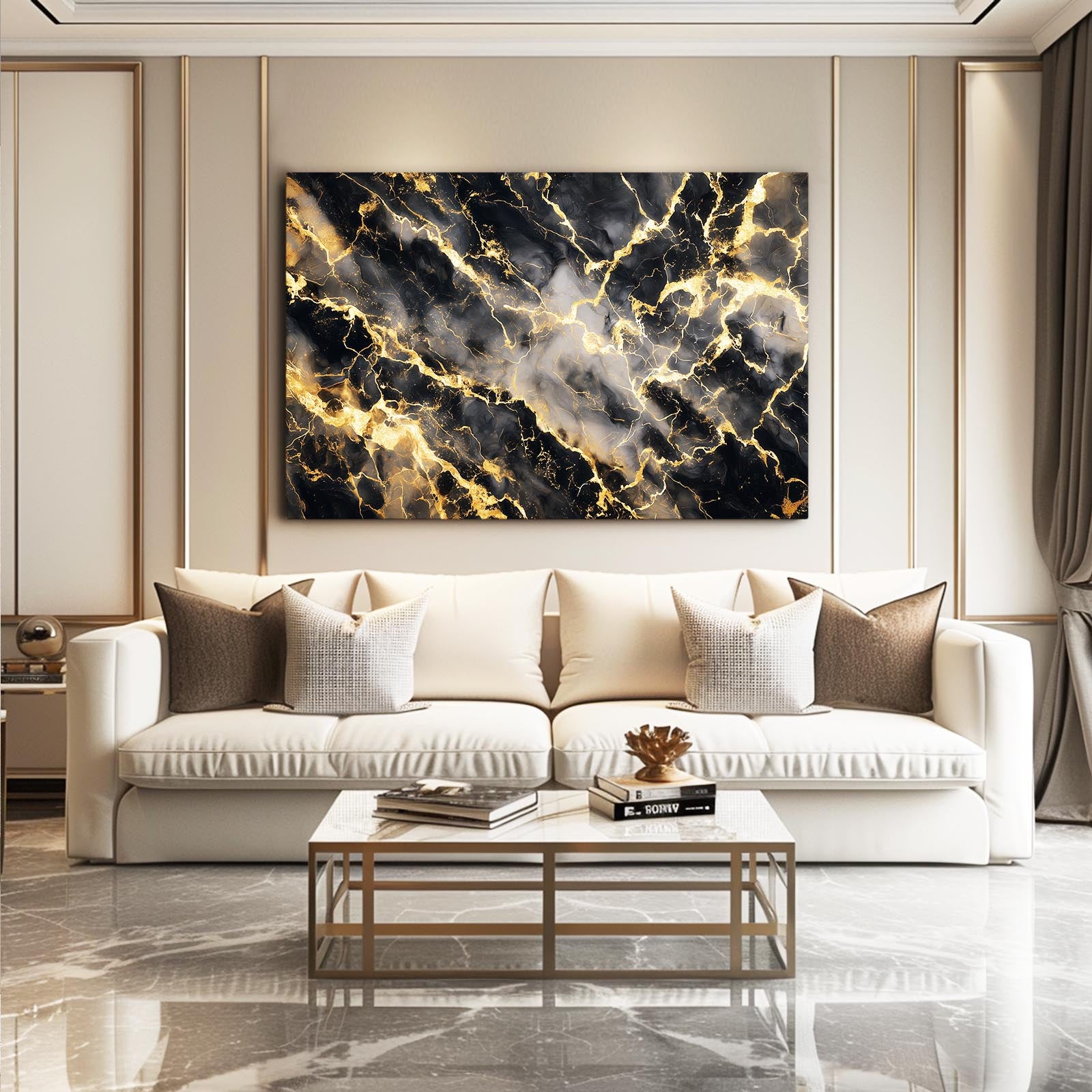 Onyx Marble Gold Canvas Art – styled in a furnished interior