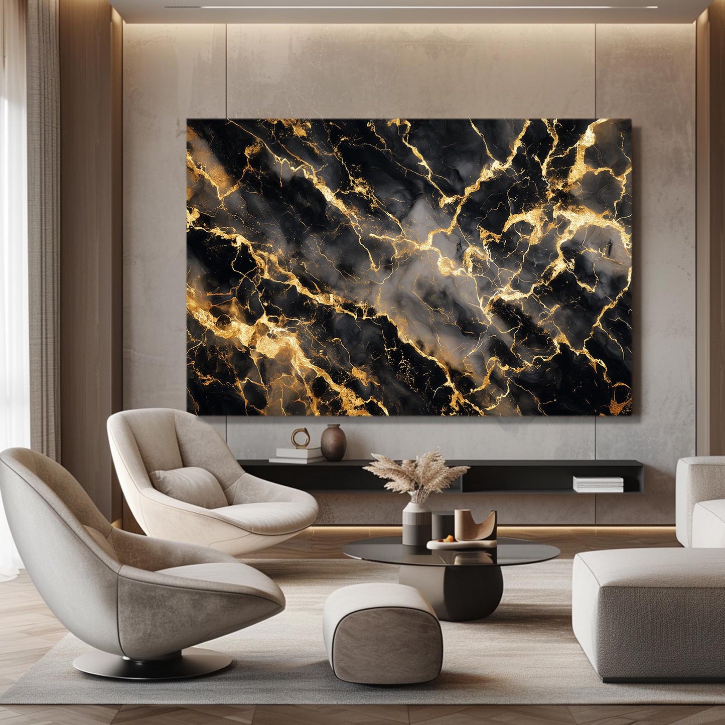 Onyx Marble Gold Canvas Art – styled in a furnished interior