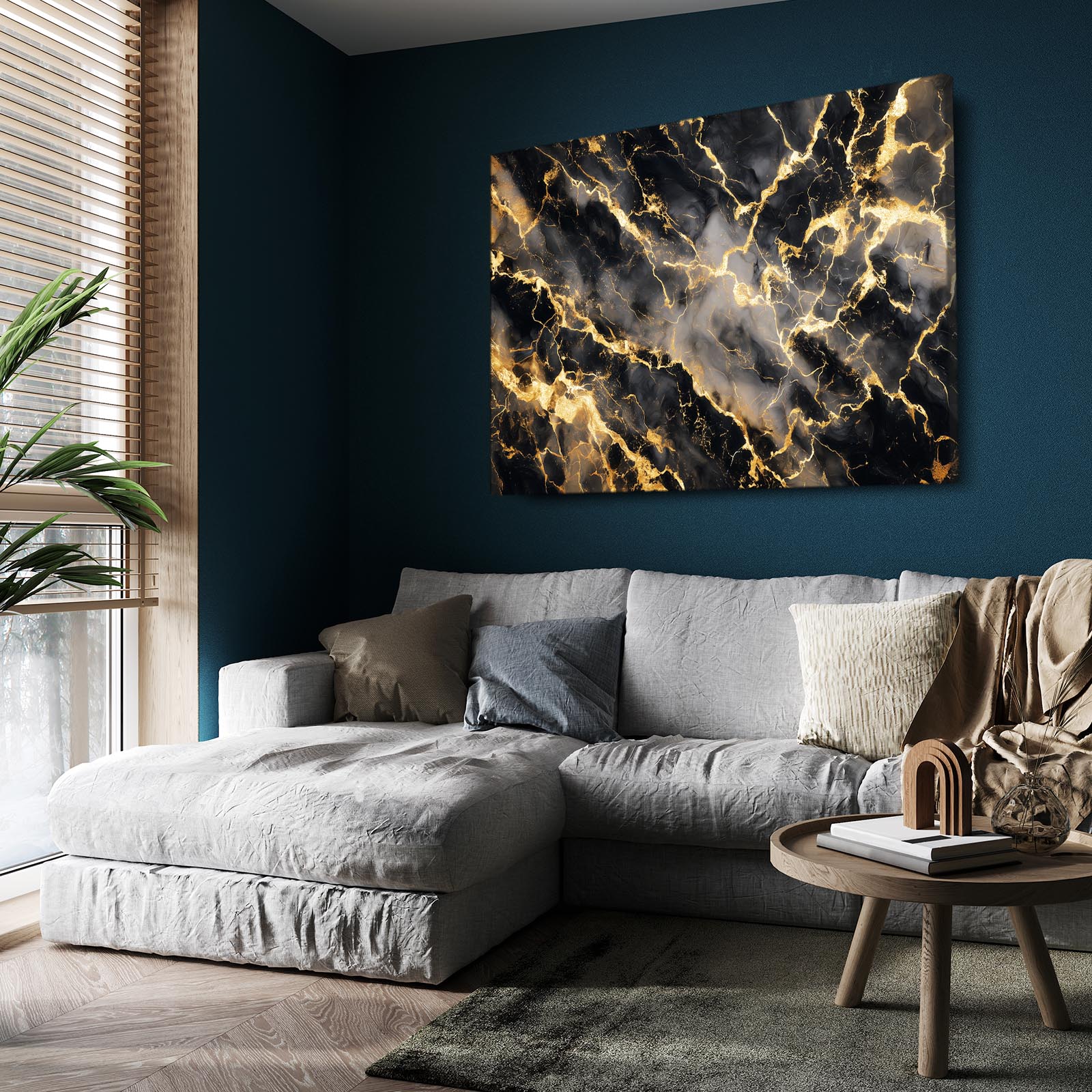 Onyx Marble Gold Canvas Art – styled in a furnished interior
