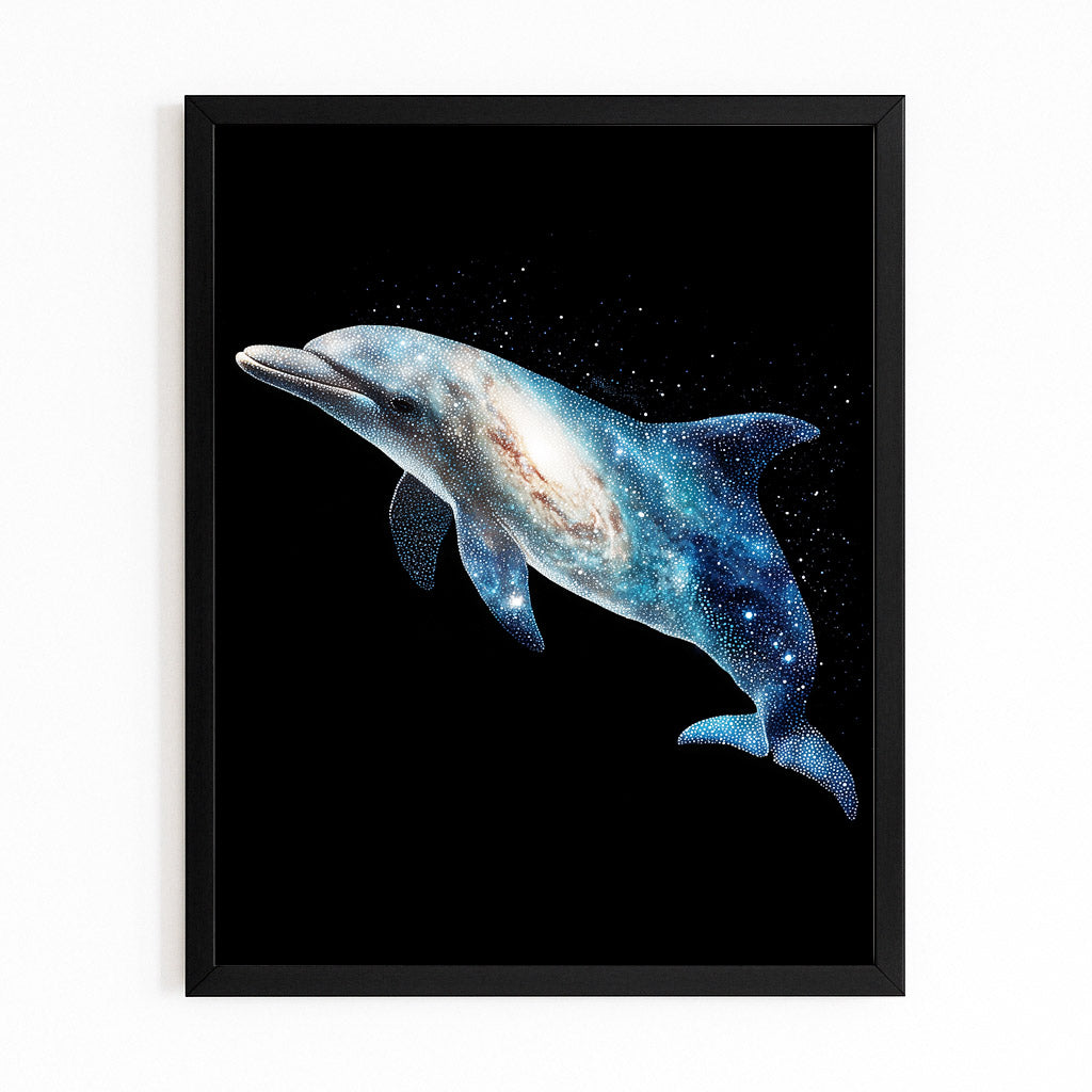 Opal Glow Dolphin Wall Art – opal-textured dolphin with blue and pink shimmer gliding on a black background