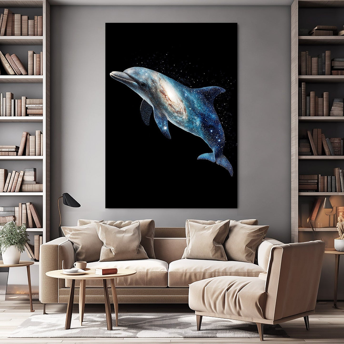 Opal Glow Dolphin Wall Art – styled in a furnished interior