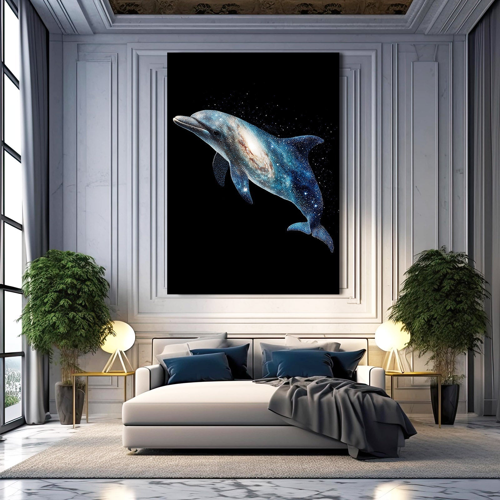 Opal Glow Dolphin Wall Art – styled in a furnished interior