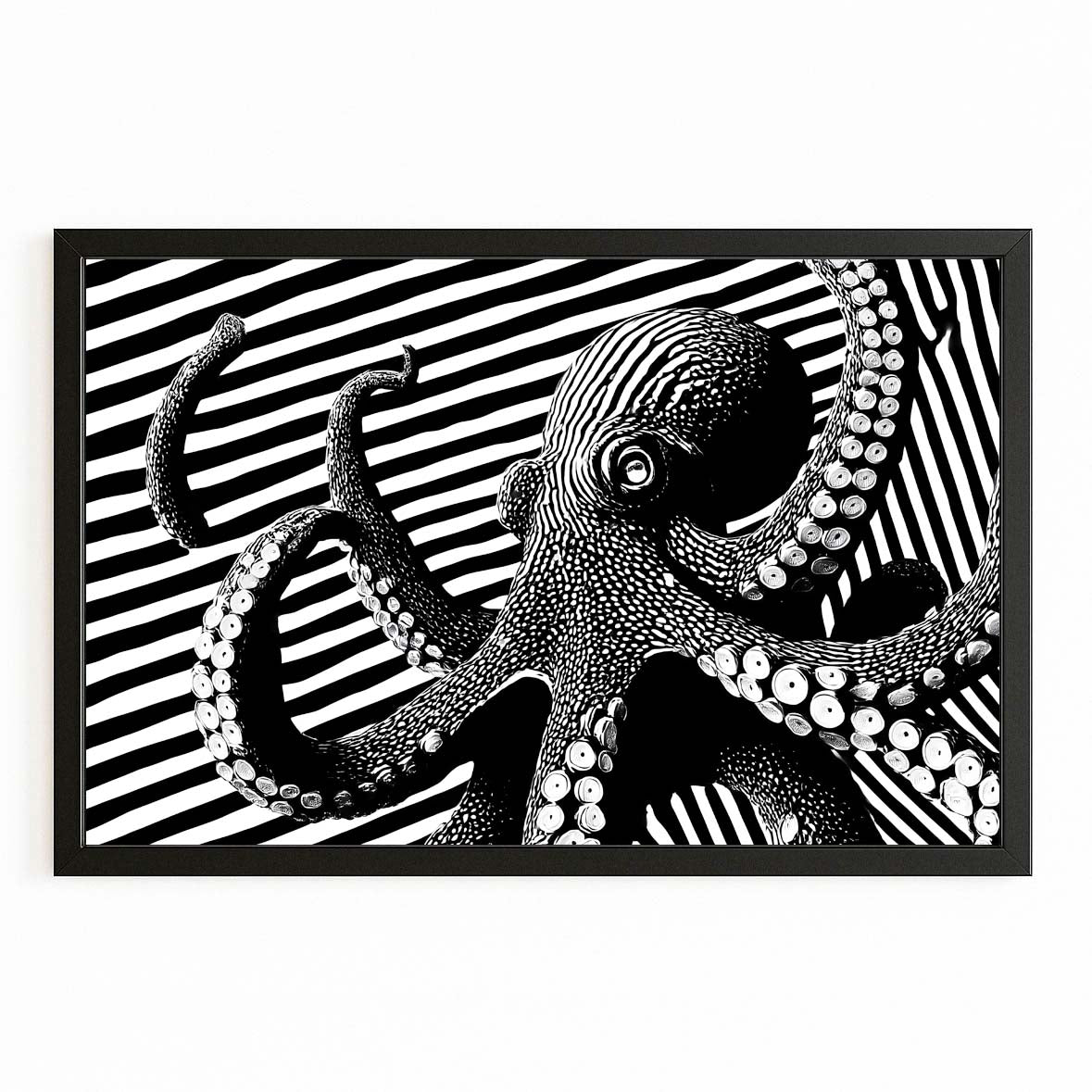Optical Stripes Octopus Canvas Art – with Premium Black frame on white background