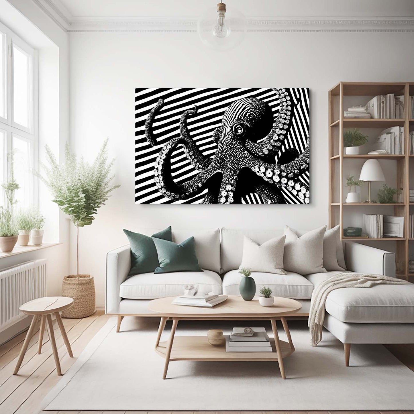 Optical Stripes Octopus Canvas Art – styled in a furnished interior