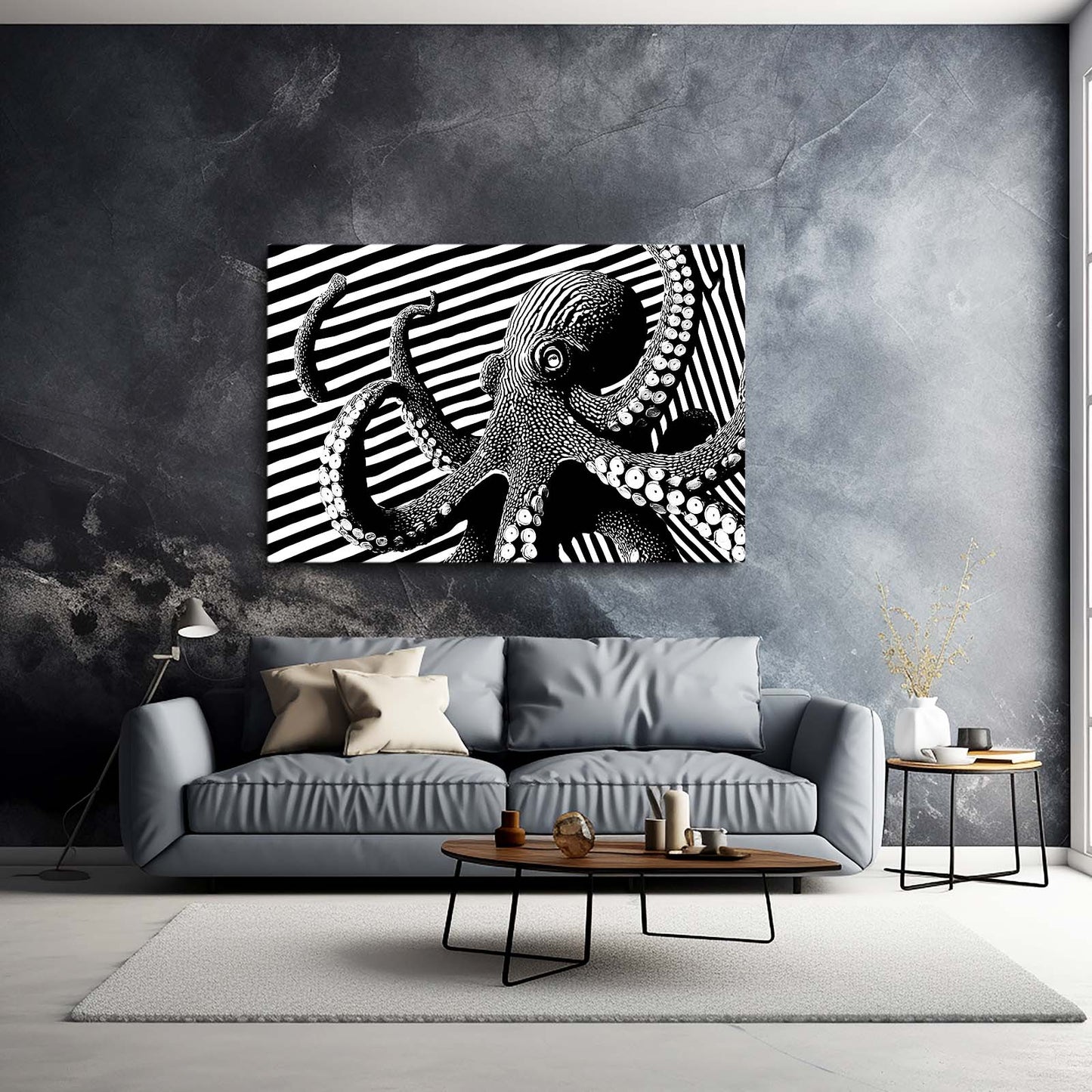 Optical Stripes Octopus Canvas Art – styled in a furnished interior