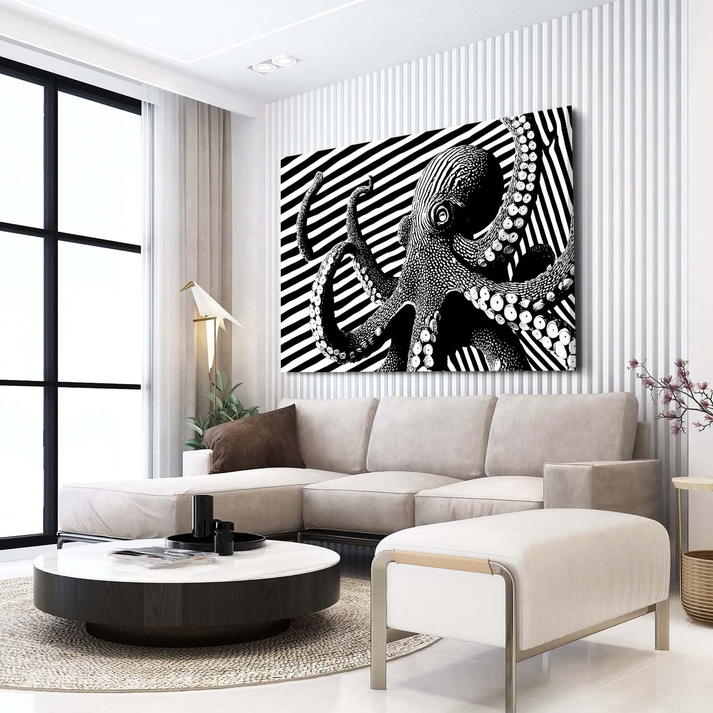 Optical Stripes Octopus Canvas Art – styled in a furnished interior
