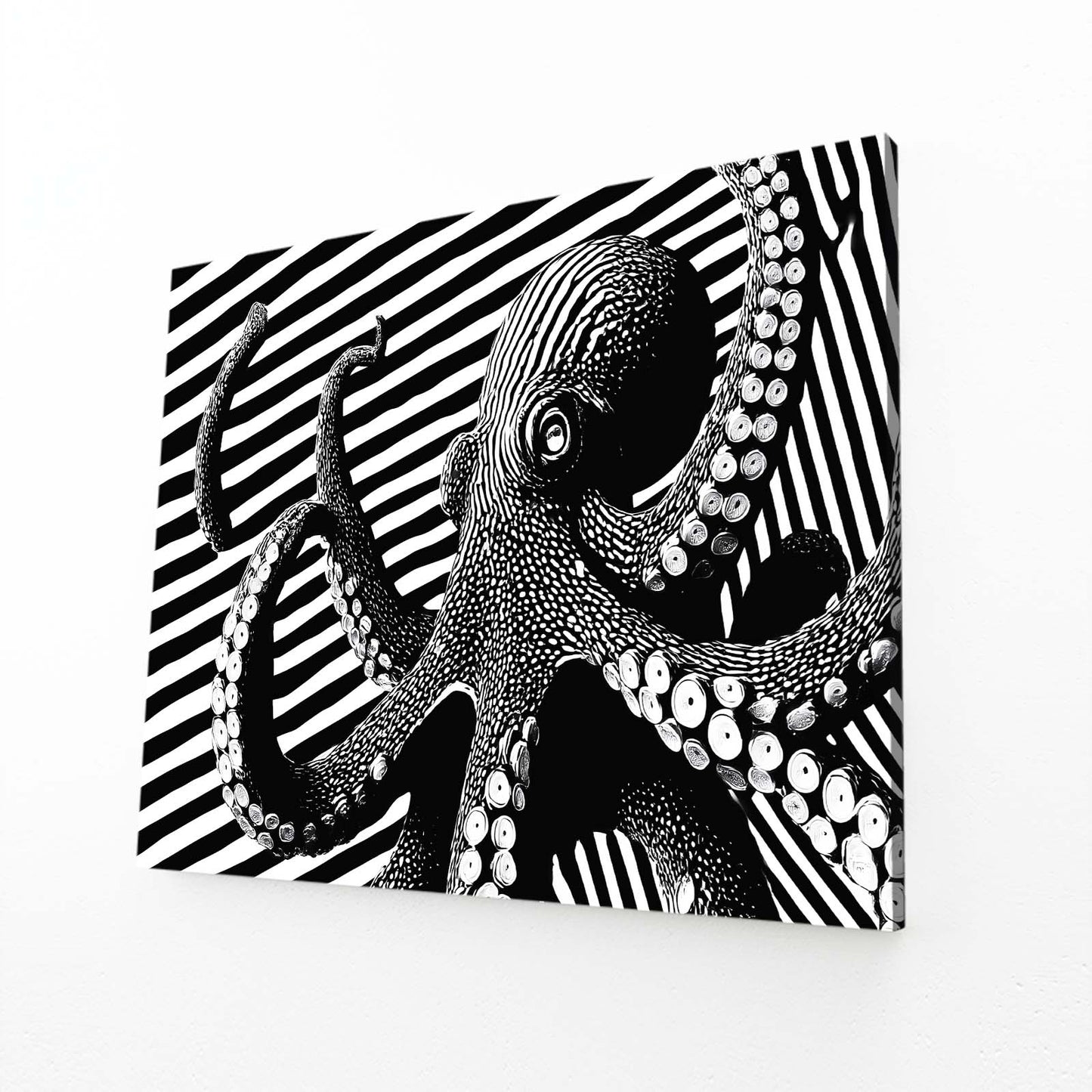 Optical Stripes Octopus Canvas Art – angled canvas view on white background