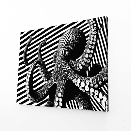 Optical Stripes Octopus Canvas Art – angled canvas view on white background