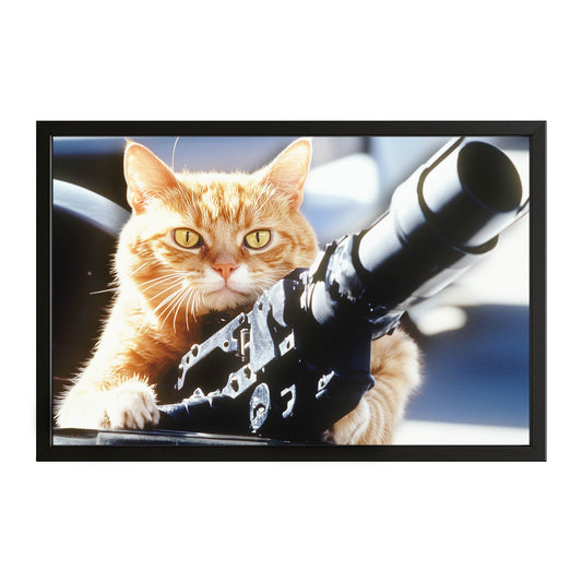 Orange Cat Pointing a Gun Wall Art – canvas print on white background