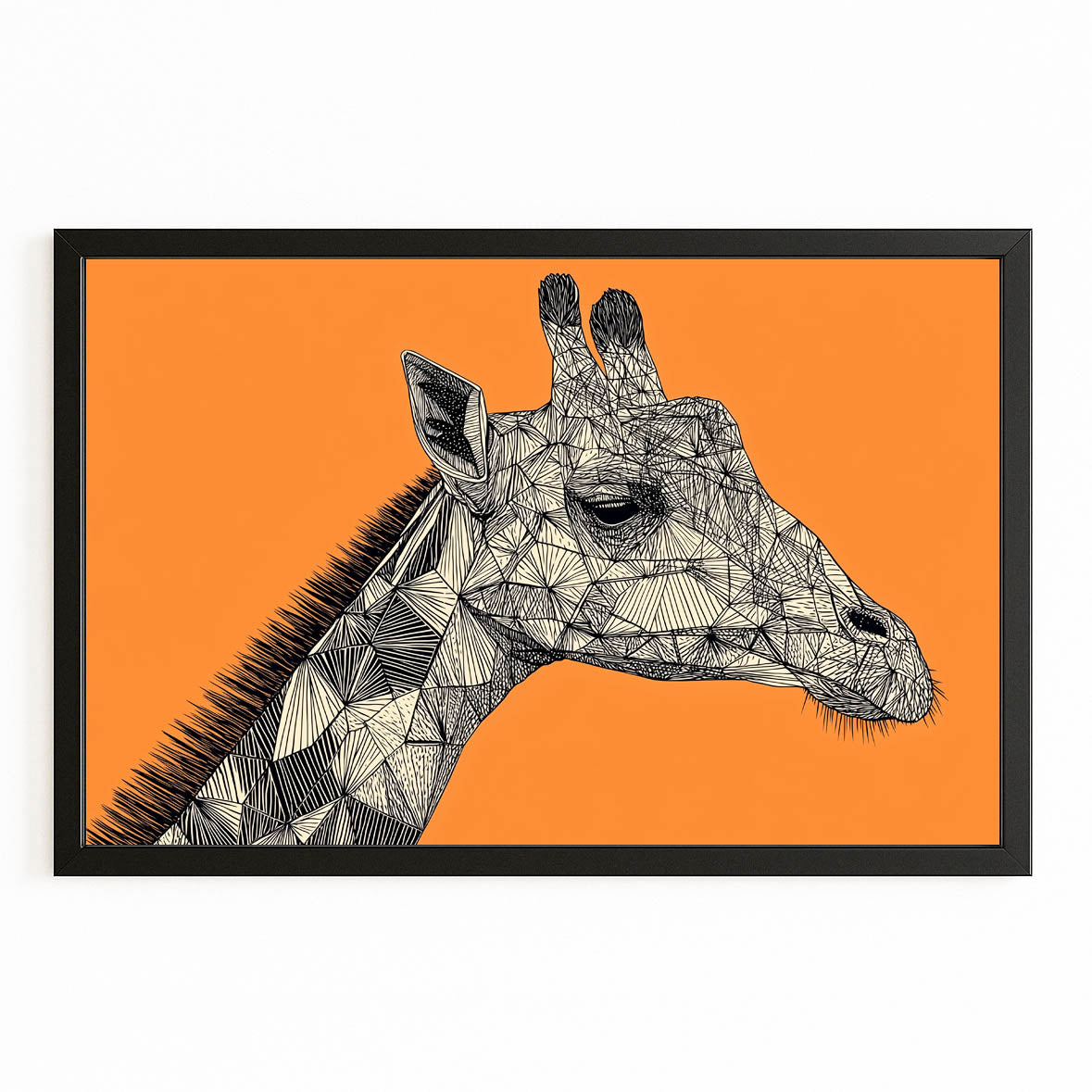 Geometric giraffe illustration on an orange background with a black frame