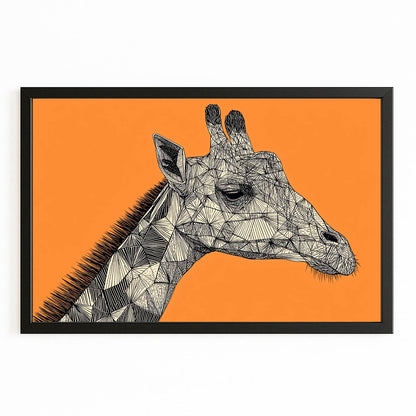 Geometric giraffe illustration on an orange background with a black frame