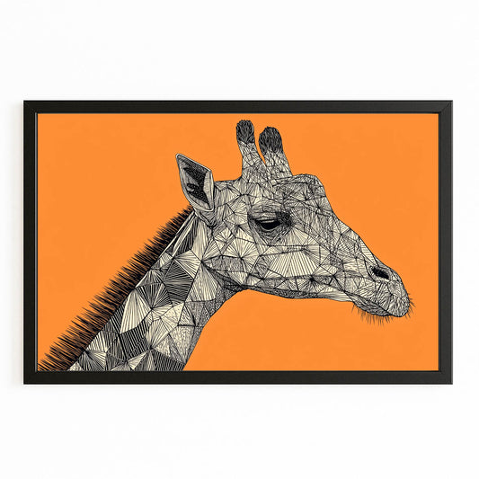Geometric giraffe illustration on an orange background with a black frame