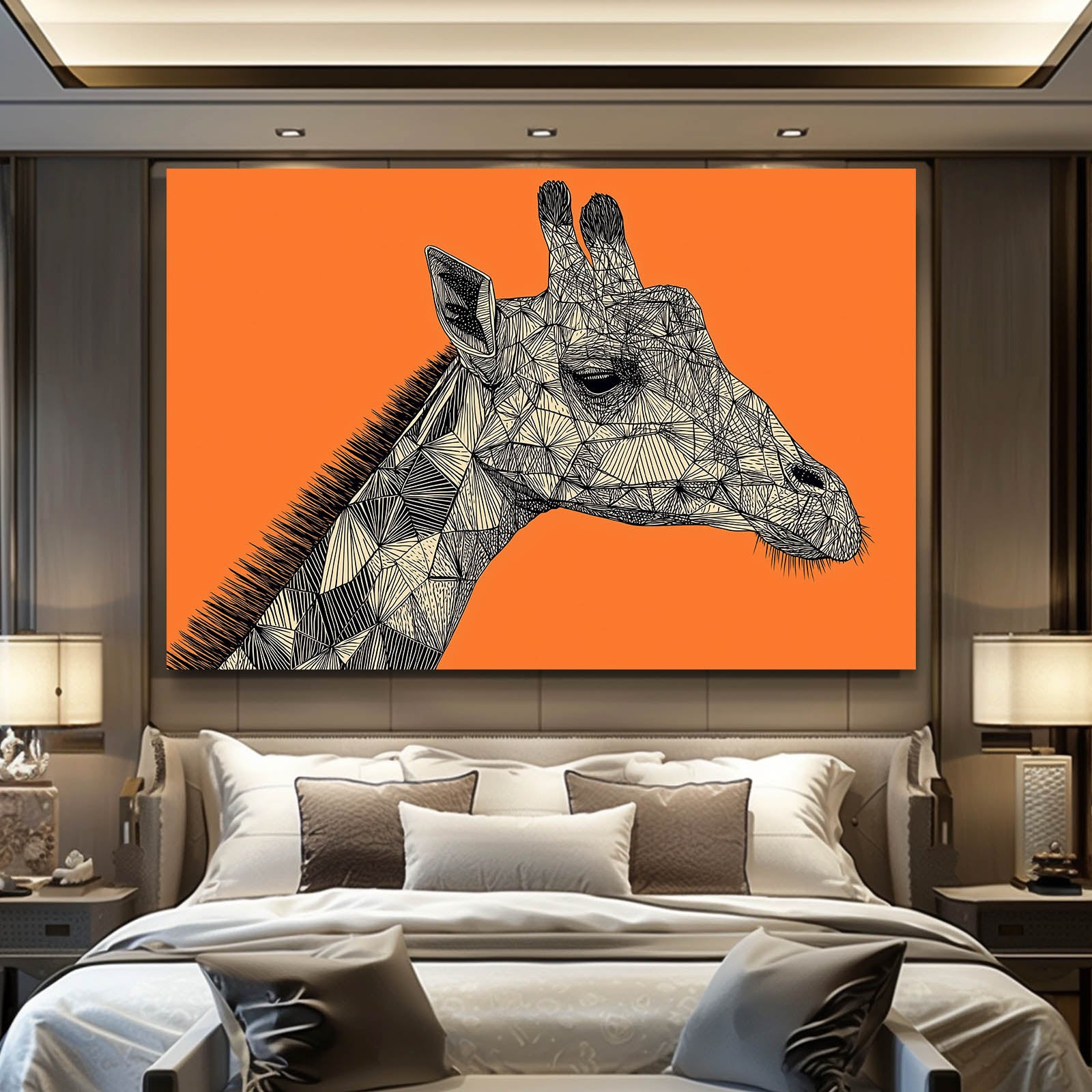 Geometric giraffe art on an orange background in a bedroom setting