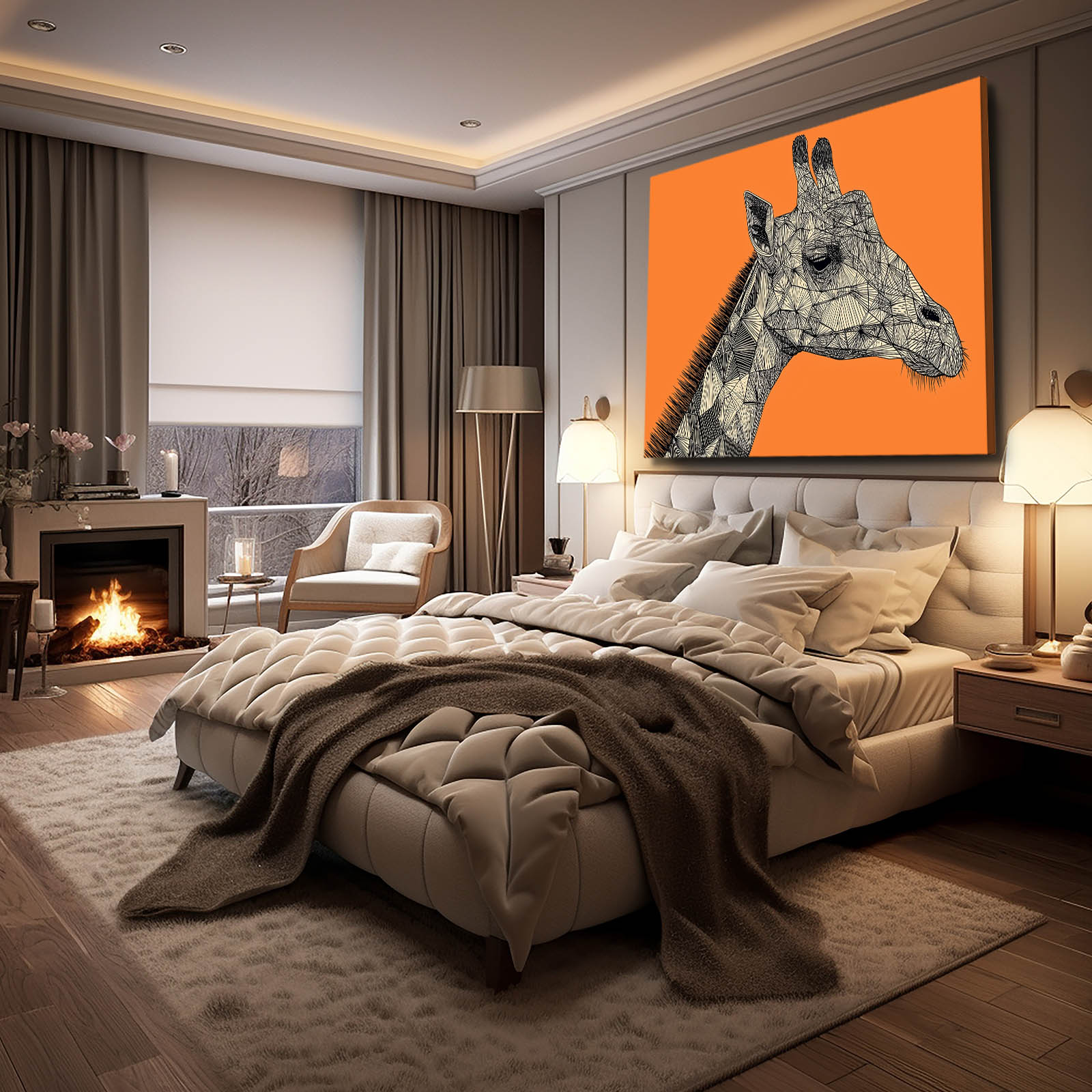 Modern bedroom with a giraffe painting on the wall