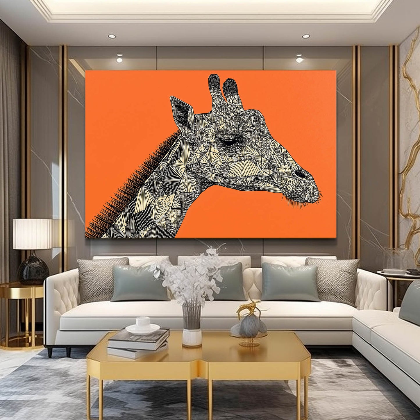 Living room with a large abstract giraffe painting on an orange background
