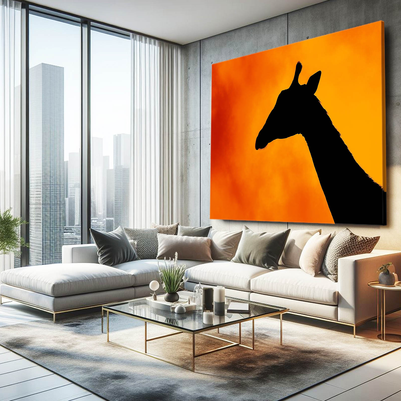 Modern living room with a large giraffe painting on an orange background
