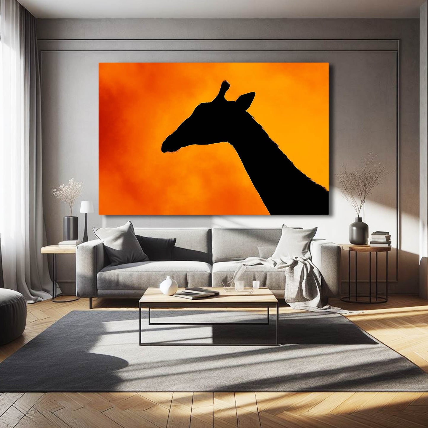 Living room with a large abstract painting of a giraffe on an orange background.