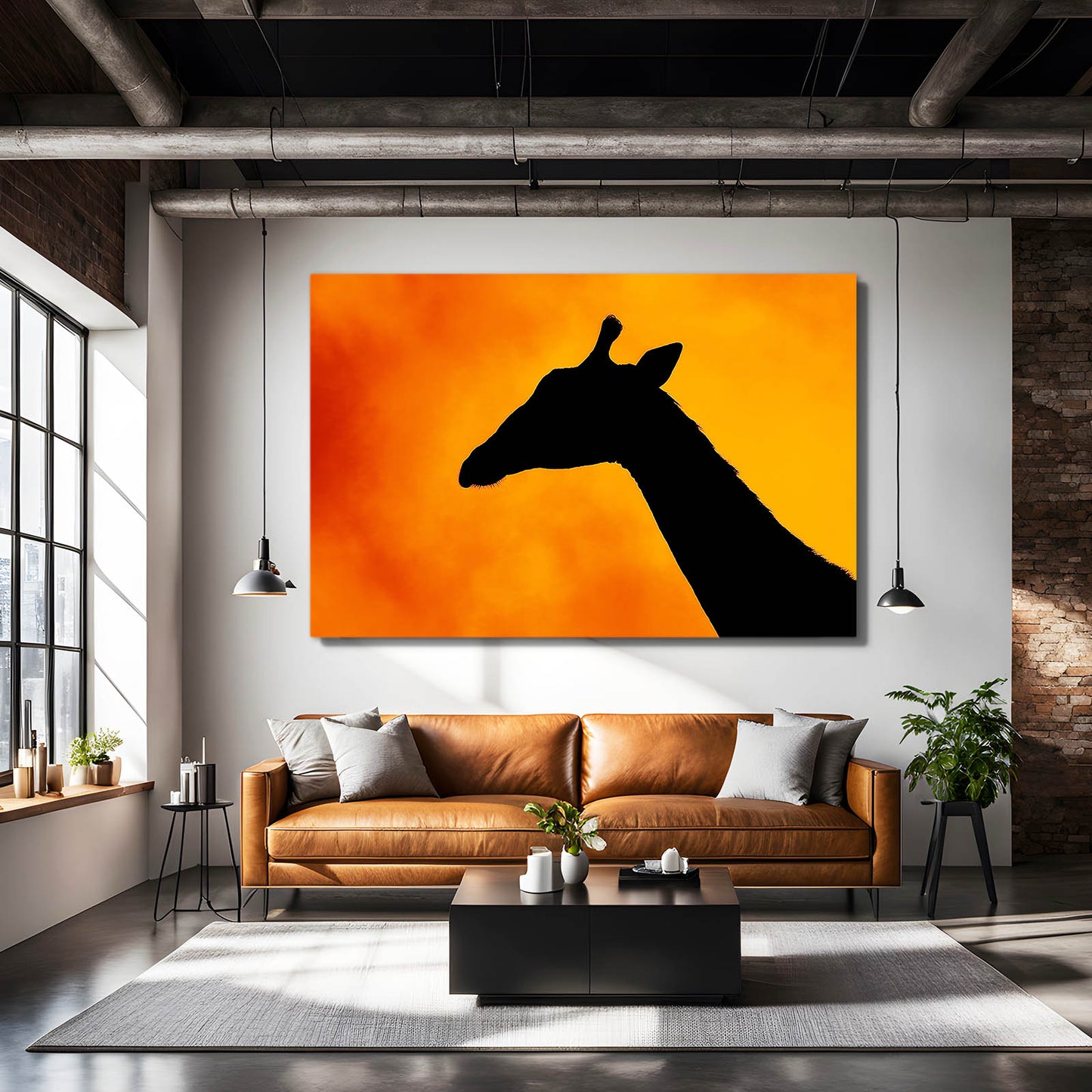 Modern living room with a brown leather sofa and a large painting of a giraffe on an orange background.
