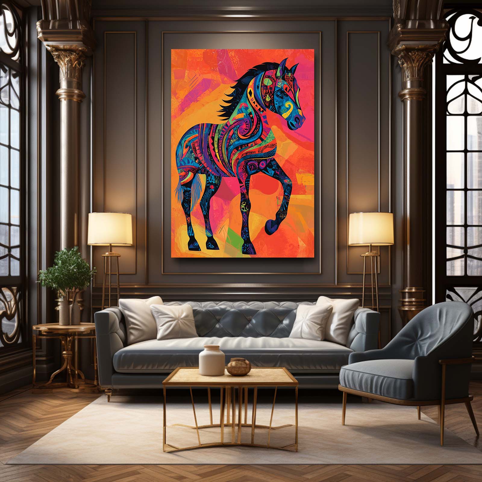 Orange Horse Wall Art – angled canvas view on white background