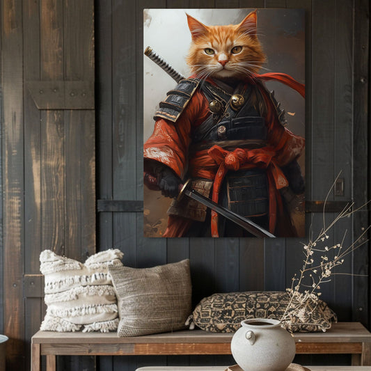 Orange Samurai Warrior Cat Wall Art — portrait canvas print in brown tones, view 3
