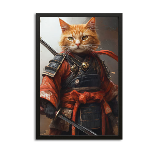 Orange Samurai Warrior Cat Wall Art — portrait canvas print in brown tones, canvas print on white background
