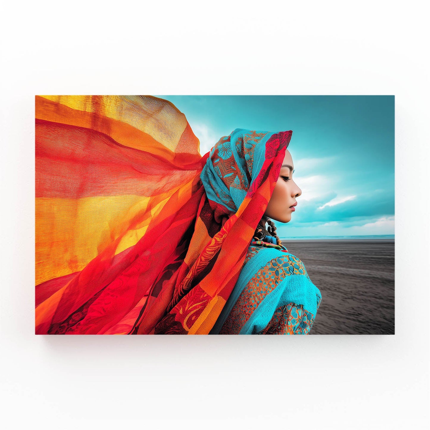 Orange Silk Modern Photography Print – woman in orange silk and turquoise headwrap by the sea