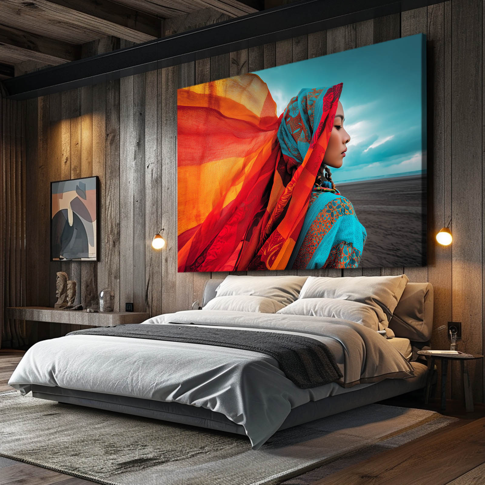 Orange Silk Modern Photography Print – above a dark bed in a wood-panelled bedroom