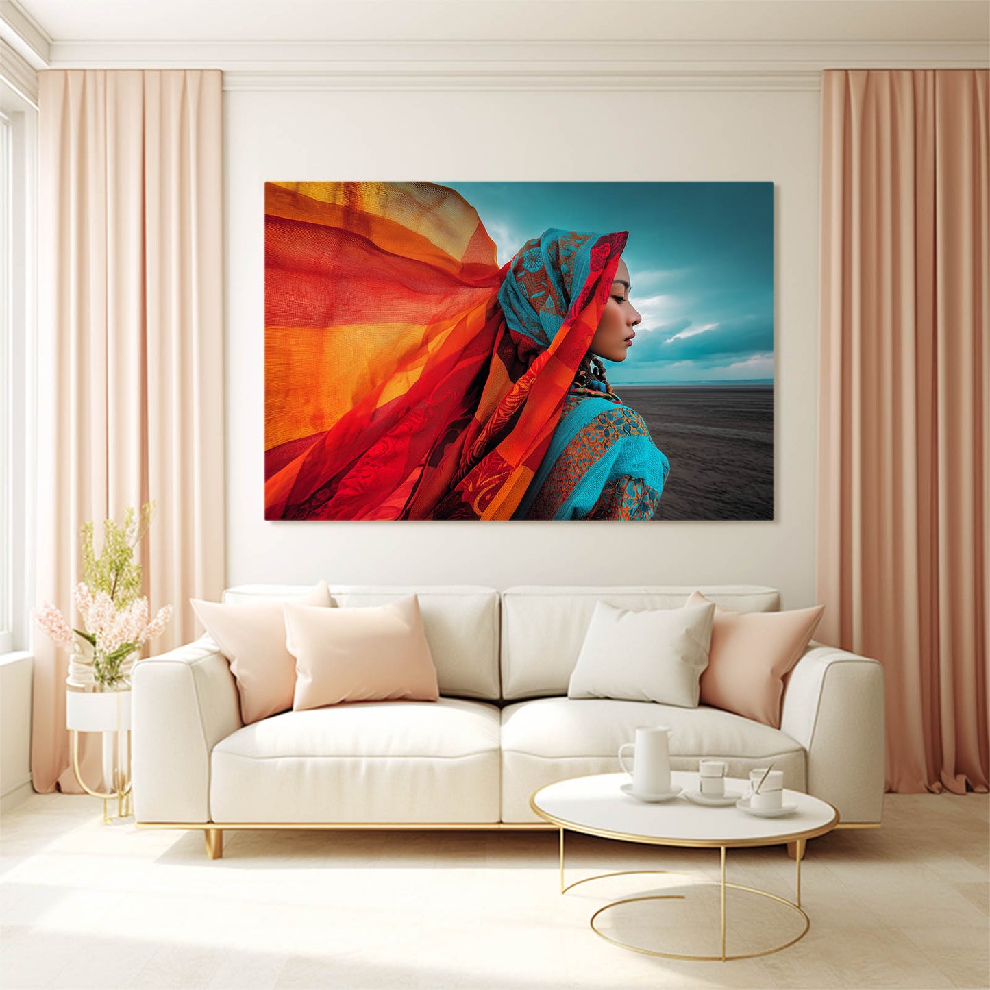 Orange Teal Scarf Portrait Photography Art – styled in a furnished interior
