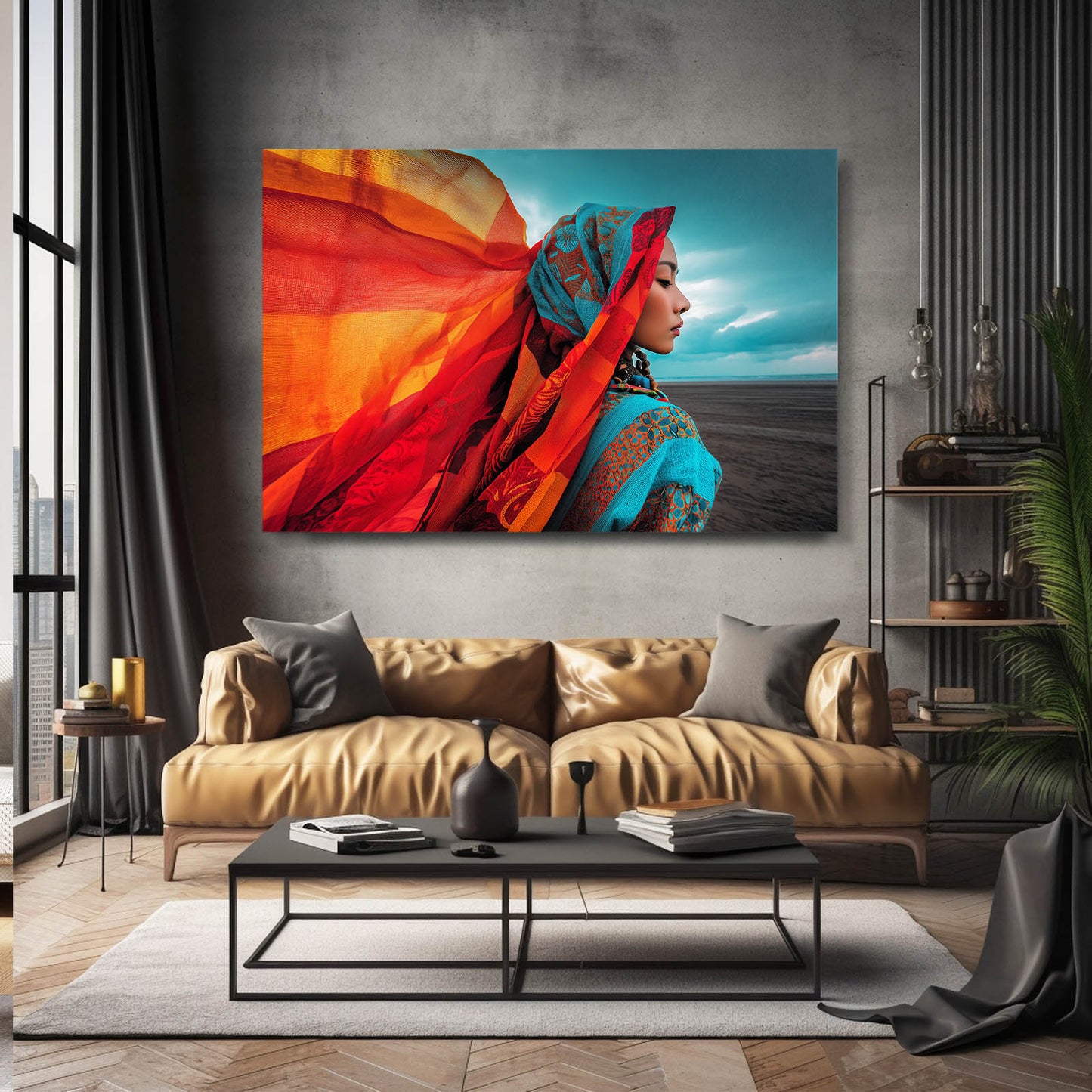 Orange Teal Scarf Portrait Photography Art – styled in a furnished interior