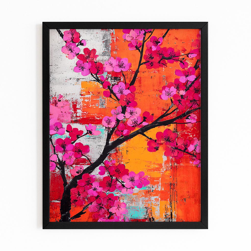 Orange Wall Branch Cherry Blossom Wall Decor – with Premium Black frame on white background