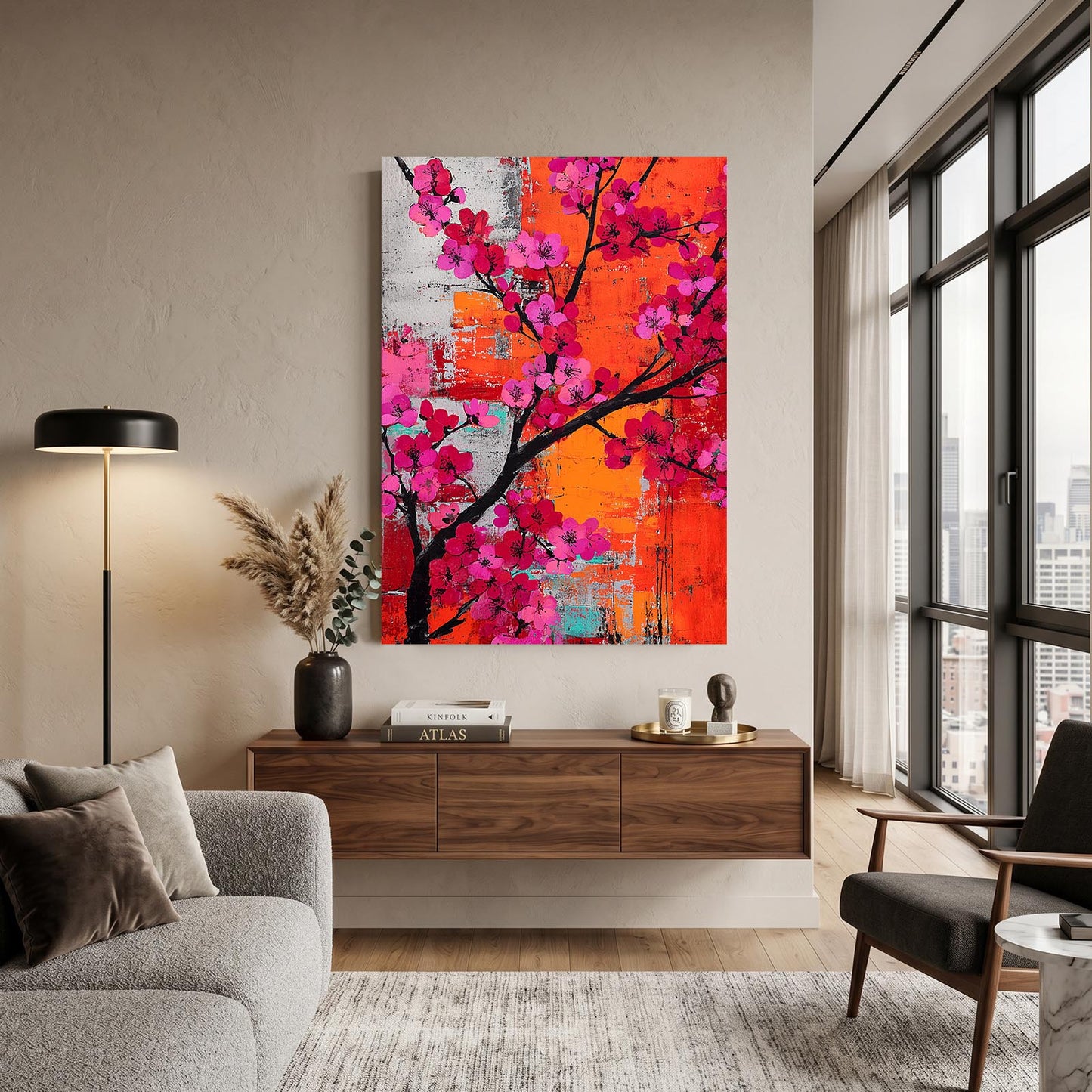 Orange Wall Branch Cherry Blossom Wall Decor – styled in a furnished interior
