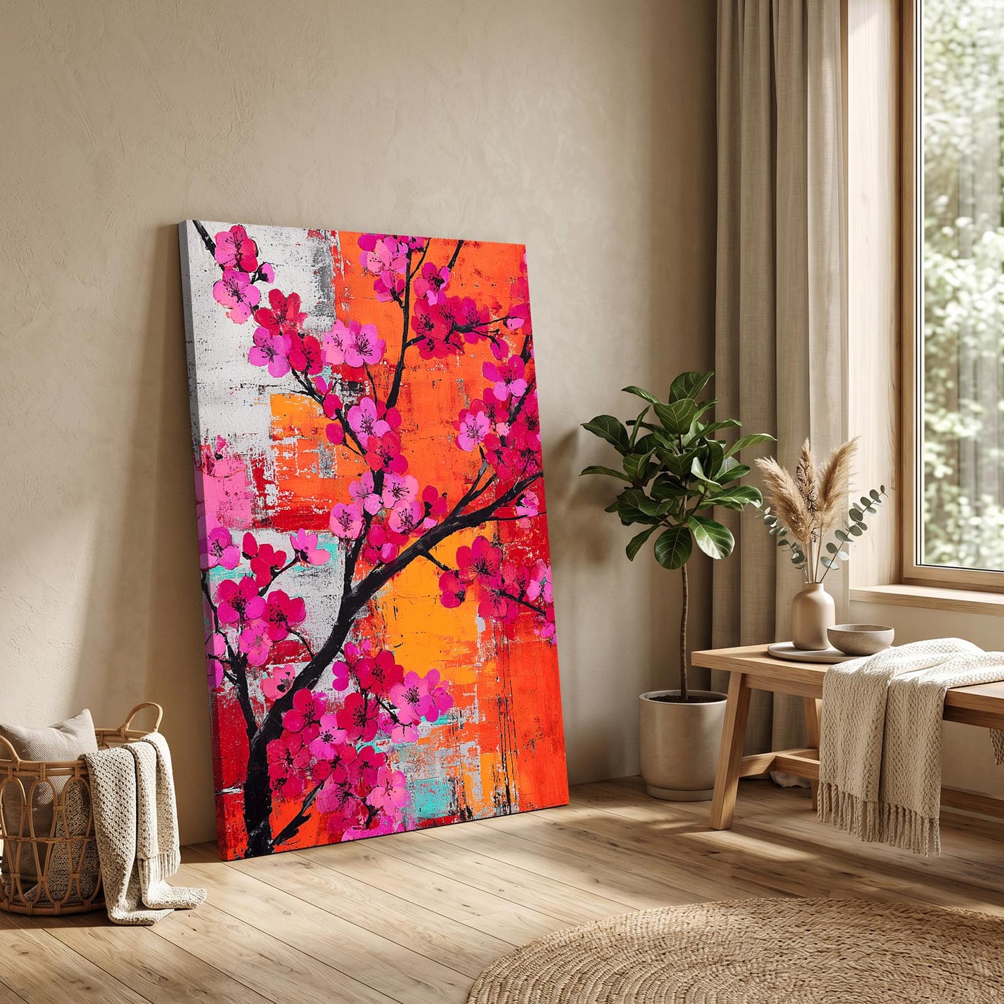Orange Wall Branch Cherry Blossom Wall Decor – styled in a furnished interior