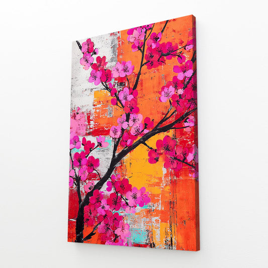 Orange Wall Branch Cherry Blossom Wall Decor – angled canvas view on white background