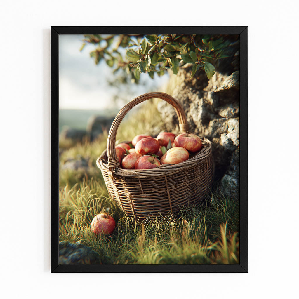 Orchard Basket Harvest Apple Canvas – with Premium Black frame on white background