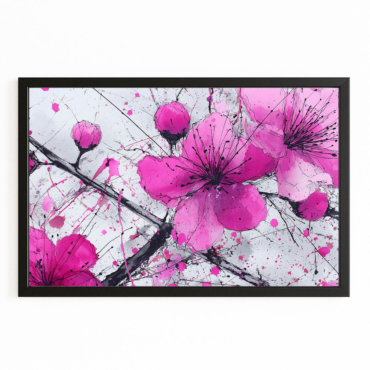Orchid Pink Blooms Cherry Blossom Wall Art – with Premium Black frame on white background